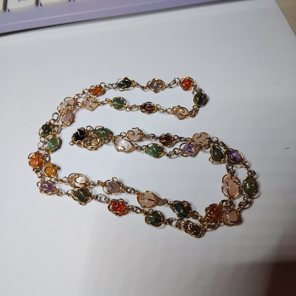 Vintage 30" Caged Gemstone Nugget Necklace Rose Quartz Amethyst Agate - Picture 1 of 9